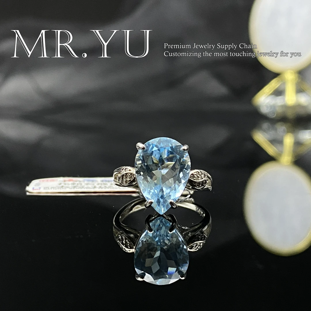 天然托帕石s925银戒指气质轻奢时尚精致经典奢华蓝色开口戒指tps6