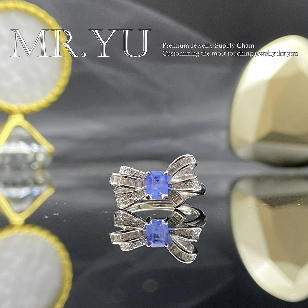 天然蓝宝石戒指高级蓝色简约气质轻奢蝴蝶结银戒lb114