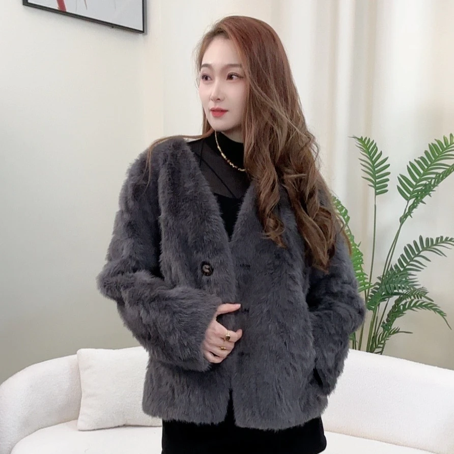 【初雪】网红新款休闲宽松气质百搭V领开衫保暖女士外套8577-