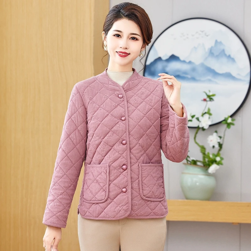 中年妈妈加绒加厚棉衣外套灯芯绒棉服2024冬季中老年女装棉袄内胆