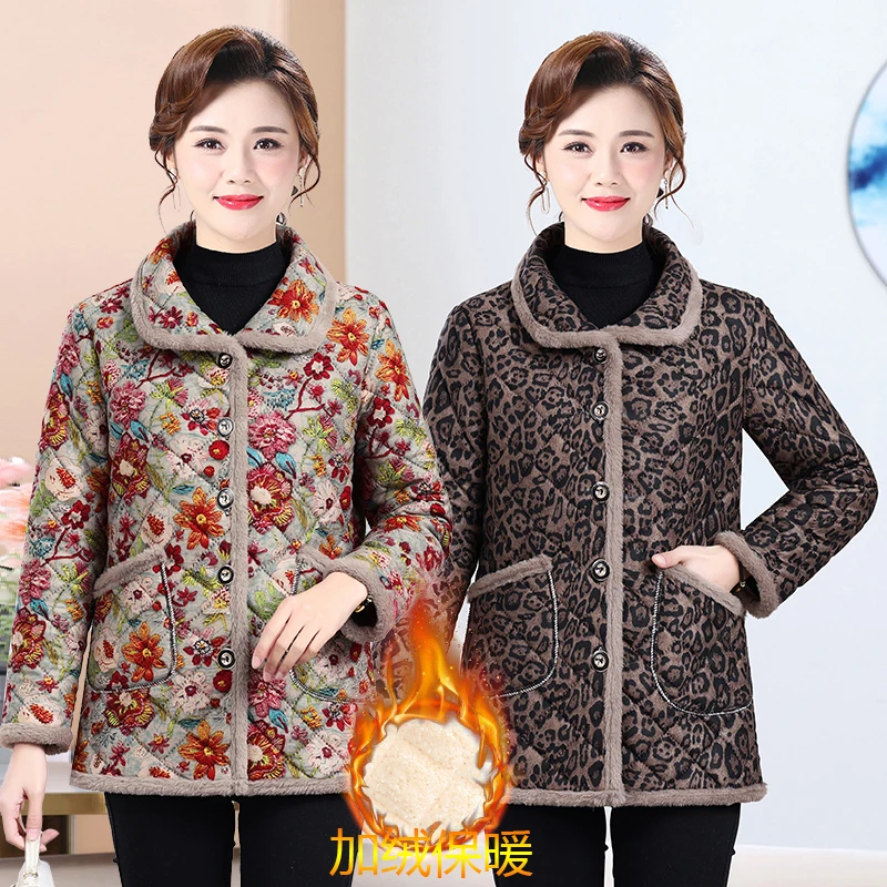 中老年新款加厚加绒棉袄时尚妈妈装冬季棉衣保暖女装碎花棉服外套