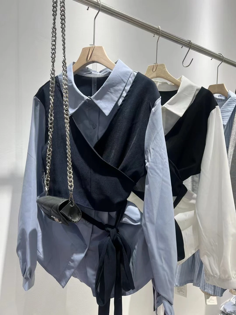 慵懒风绑带款马甲背心叠穿衬衫上衣假两件时尚减龄显瘦春季新款女