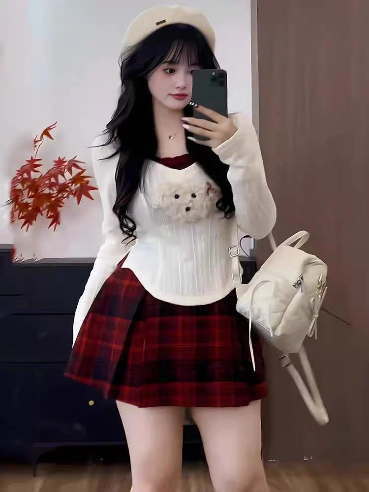 设计感小狗纯欲挂脖打底衫格子短裙两件套女秋冬遮肉显瘦套装