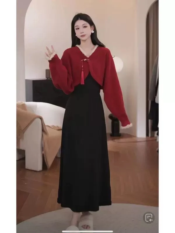 新中式气质罩衫连衣裙两件套2024秋冬新款连衣裙长款收腰显瘦红色