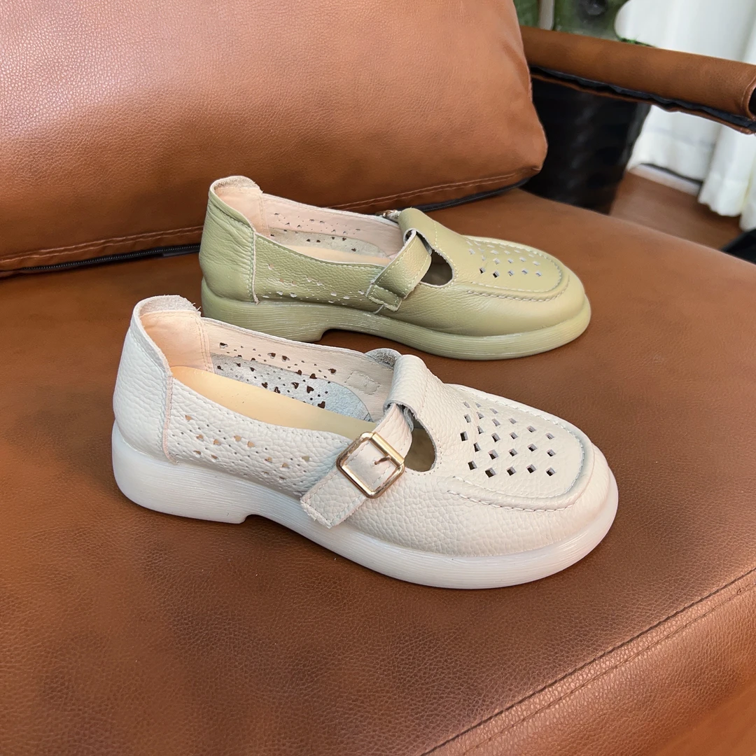 头层牛皮夏季镂空凉鞋女鞋休闲平底百搭透气防滑舒适