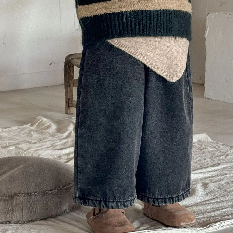 男童宽松韩版加厚款一体绒童裤中童2024女童简约儿童牛仔裤男童