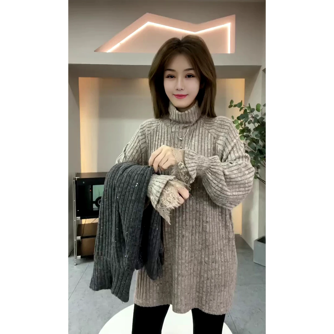 秋季新款宽松显瘦磨毛坑条高领花苞袖拼接蕾丝星空打底衫毛衣