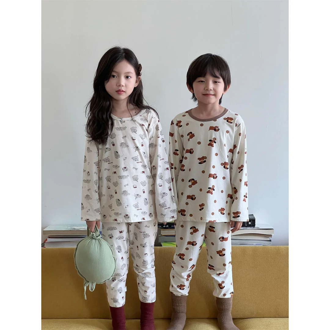 LJ71077男女童2024秋季韩版新款A类棉棉长袖家居服套装中大童睡衣