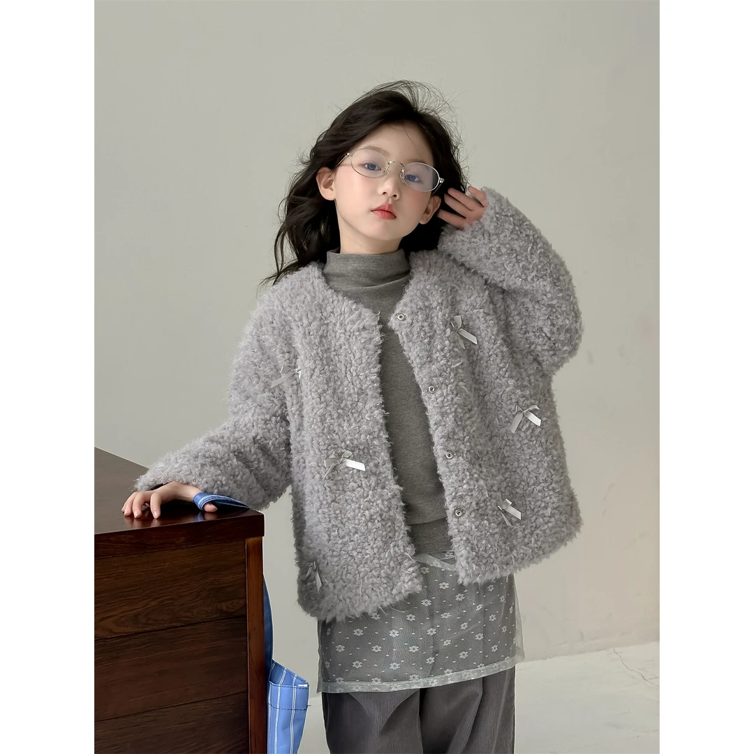 LJ-71161-童装韩版冬季女童蝴蝶结毛毛衣中大童