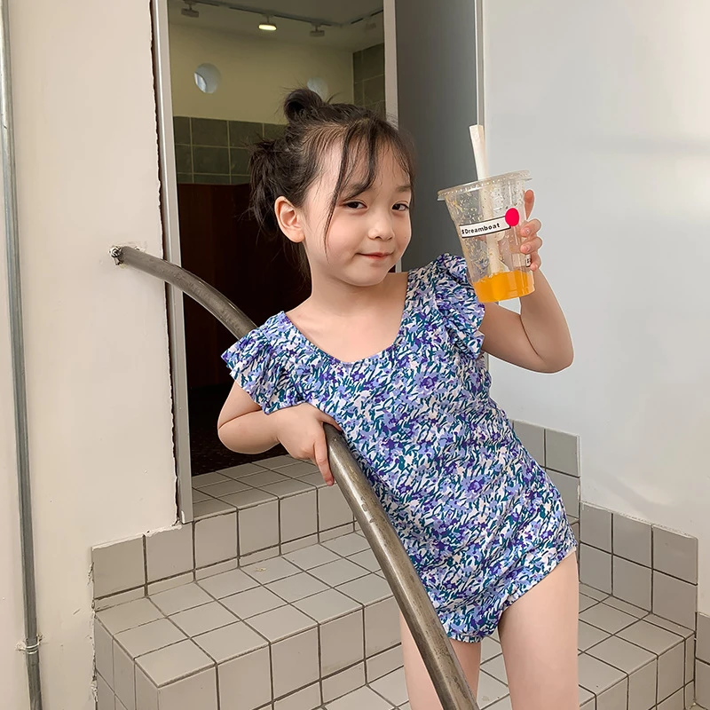奶酪与喵  小童泳衣2023夏季新款女童碎花连体泳衣韩版泳帽两件套