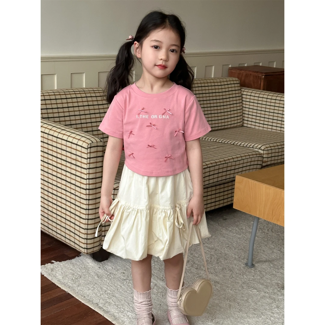 花与寻女童T恤2024新款夏季女孩韩版小蝴蝶结短袖体恤宝宝上衣