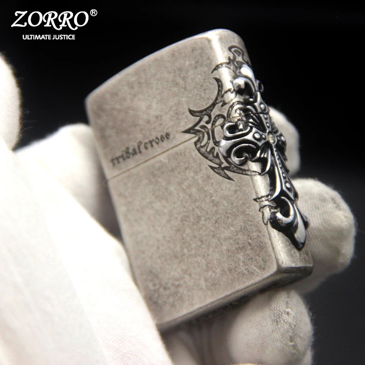 ZORRO佐罗正品十字标煤油打火机纯铜个性手工浮雕仿古经典古银