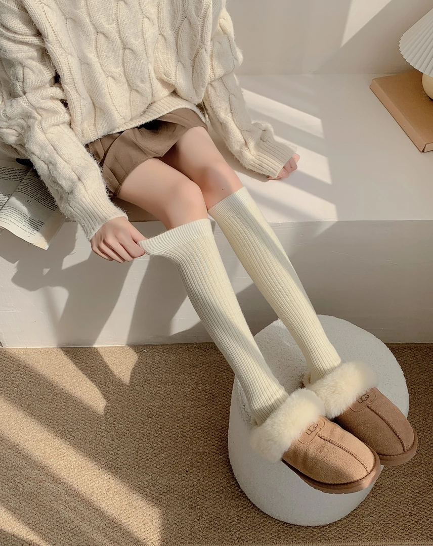 【羊毛小腿袜/过膝袜】冬季保暖纯色羊毛拉毛简约百搭白色堆堆袜