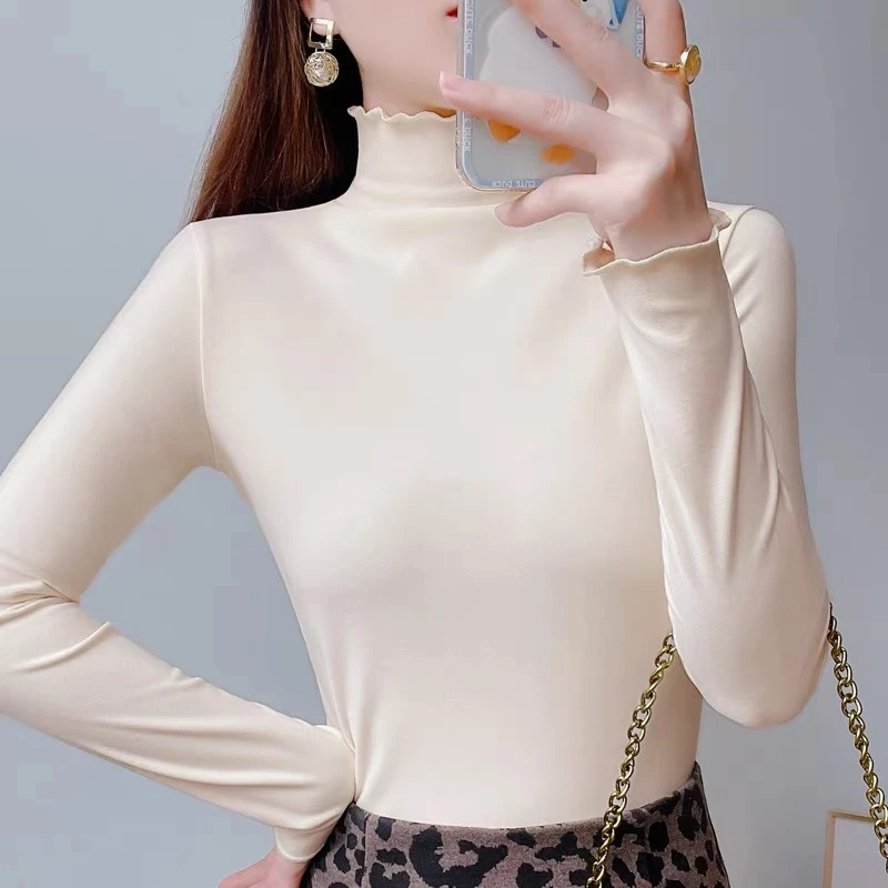 2024年秋款加绒加厚木耳领时尚百搭纯色长袖韩版修身保暖打底衫