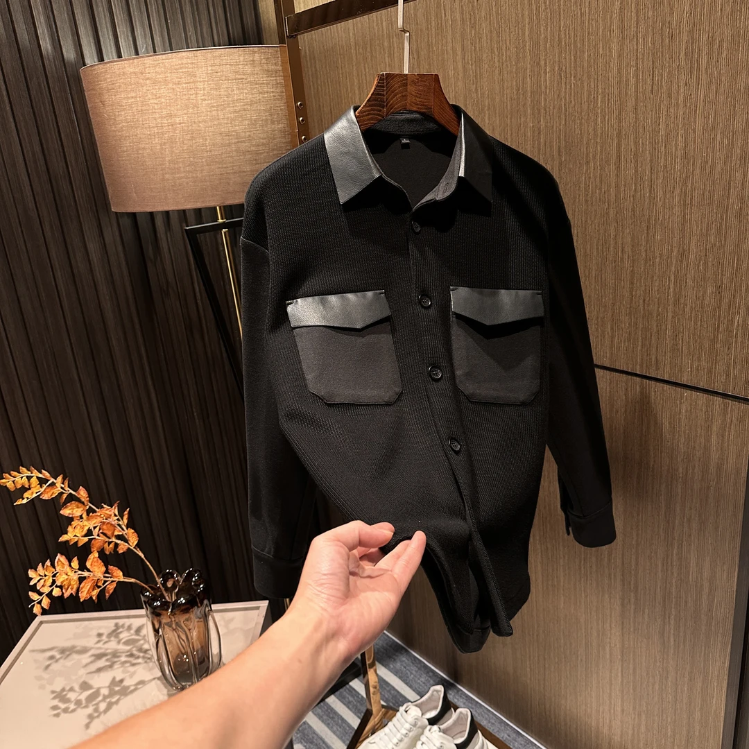 设计典范秋装新款男士高端休闲皮质拼接针织开衫外套翻领夹克衫