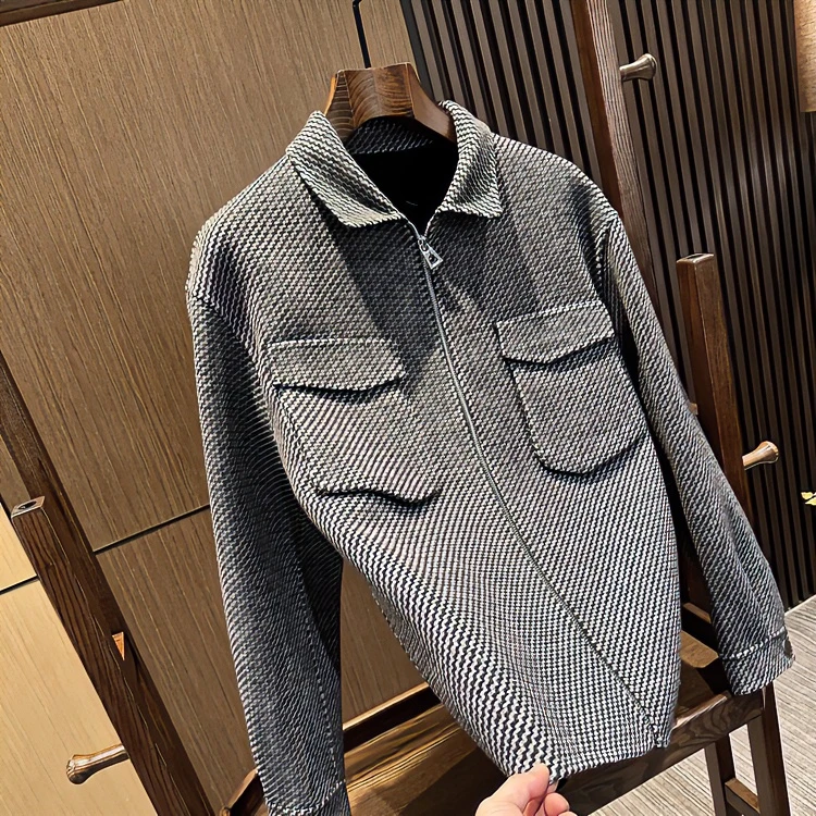 商务逆袭 秋冬新款 男士休闲条纹翻领双面绒羊毛夹克短款外套男装