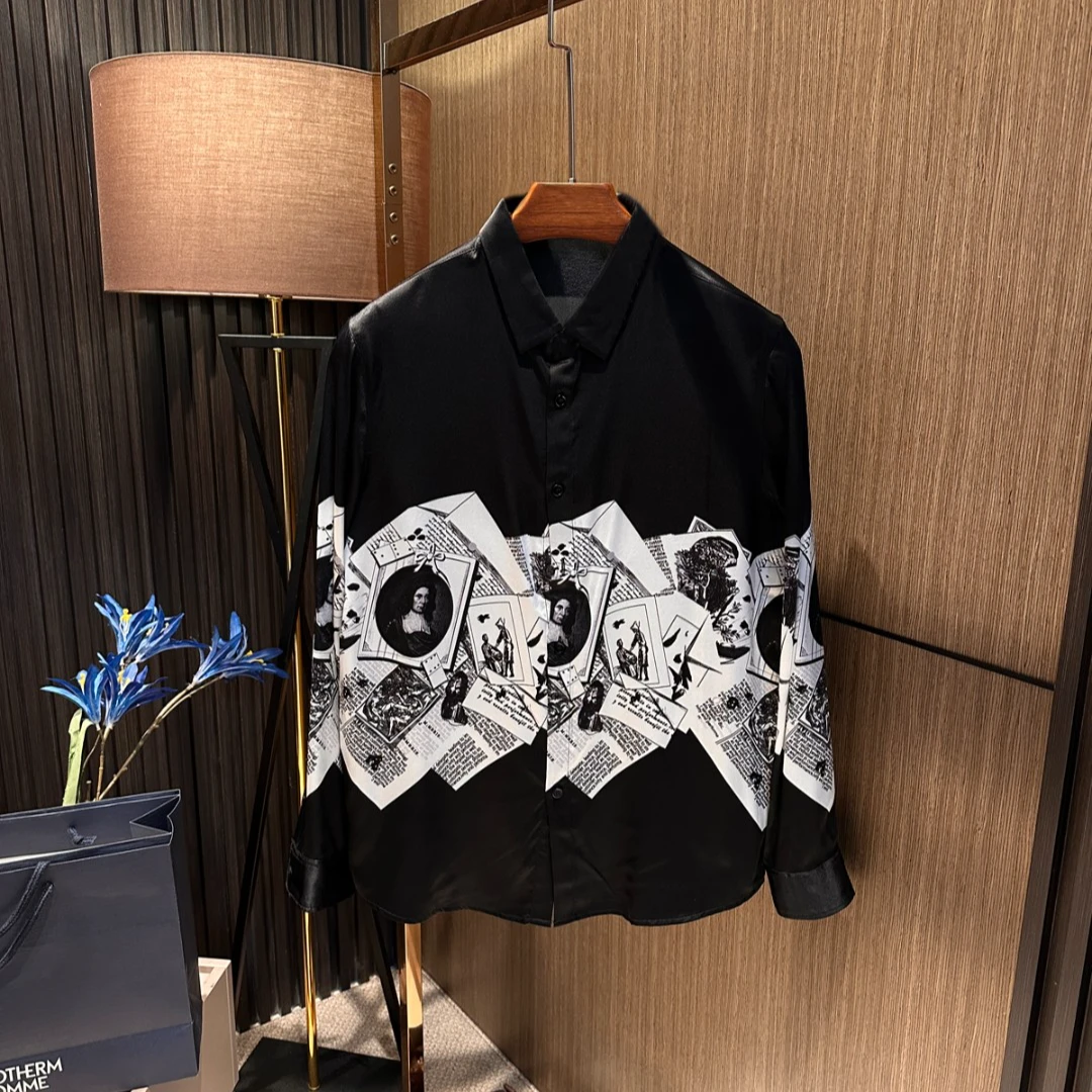 欧美轻奢 舒适桑蚕丝2025秋季男士高档真丝衬衣时尚印花长袖衬衫