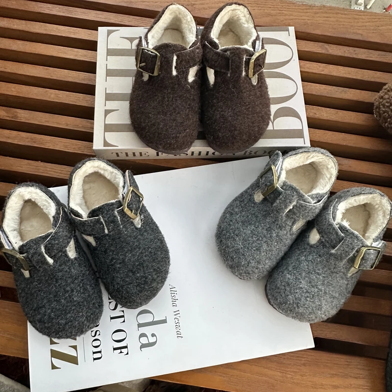 韩版厚底女宝男童鞋勃肯鞋软底毛绒呢子宝宝鞋棉鞋加绒加厚保暖鞋