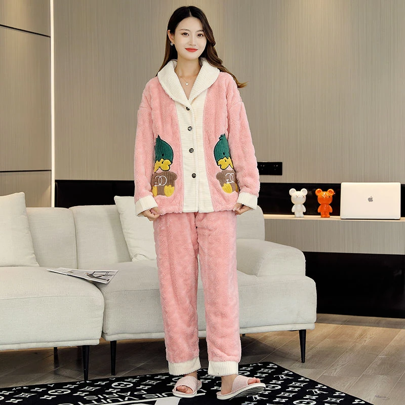 秋冬款女士长毛绒加绒加厚大码时尚保暖可外穿鸭子家居服睡衣