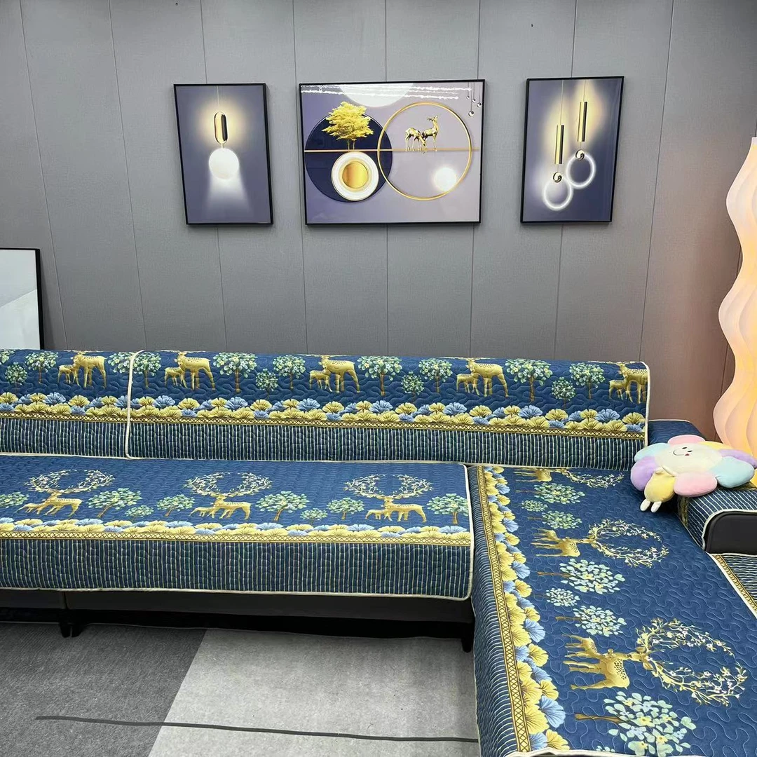 新款沙发垫一套四片全盖沙发坐垫套双面加厚印花靠背巾防滑布