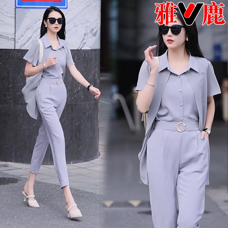 V/雅鹿时尚套装女春夏新品休闲气质女士短袖九分裤两件套