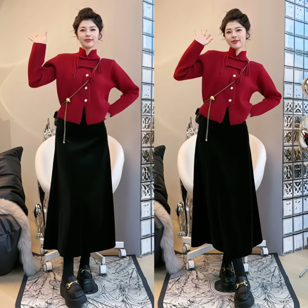 2024洋气新中式流苏盘扣立领开衫毛衣+中长款显瘦丝绒加厚半身裙