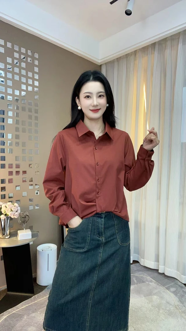 新款衬衫领纯色精品高定纽扣洋气百搭气质时尚减龄显瘦长袖小衫