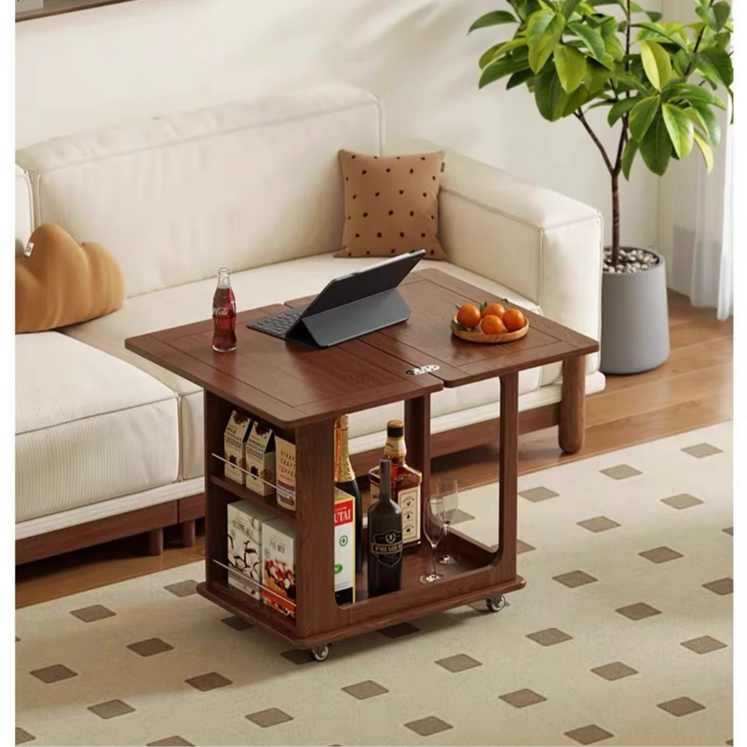 休闲掼蛋桌实木橡胶木可做边几茶几可折叠可移动带万向轮沙发边几