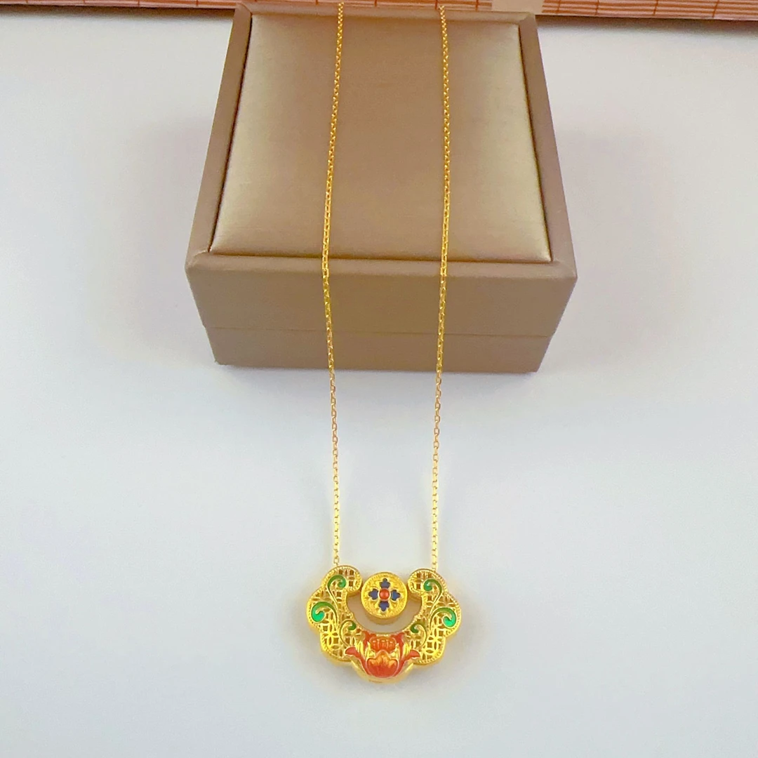 足金黄金 时尚精致珐琅彩莲花锁包套链