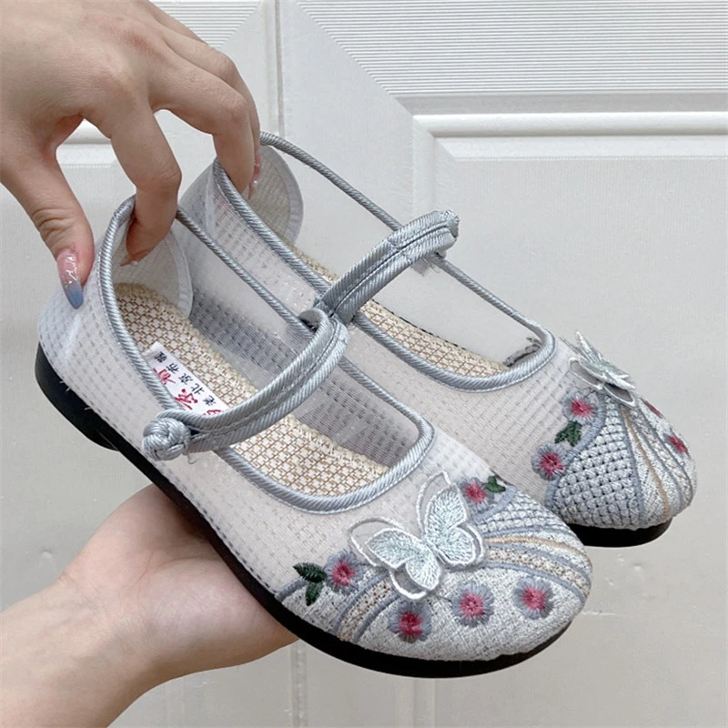 夏季汉服绣花鞋新中式老北京布鞋复古盘扣透气妈妈鞋浅口软底