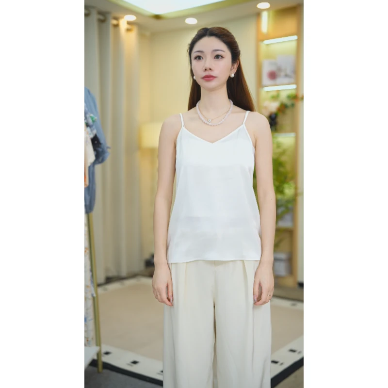 2024年新款桑蚕丝吊带背心真丝25姆米弹力缎上衣打底简约白08