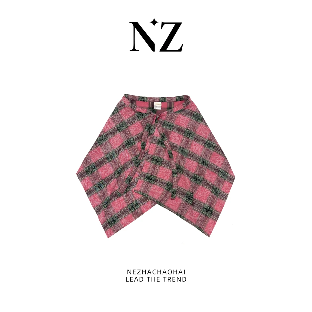 【N3ZHA】高街粉色格子假衬衫儿童时尚百搭一片式系带屁帘潮流