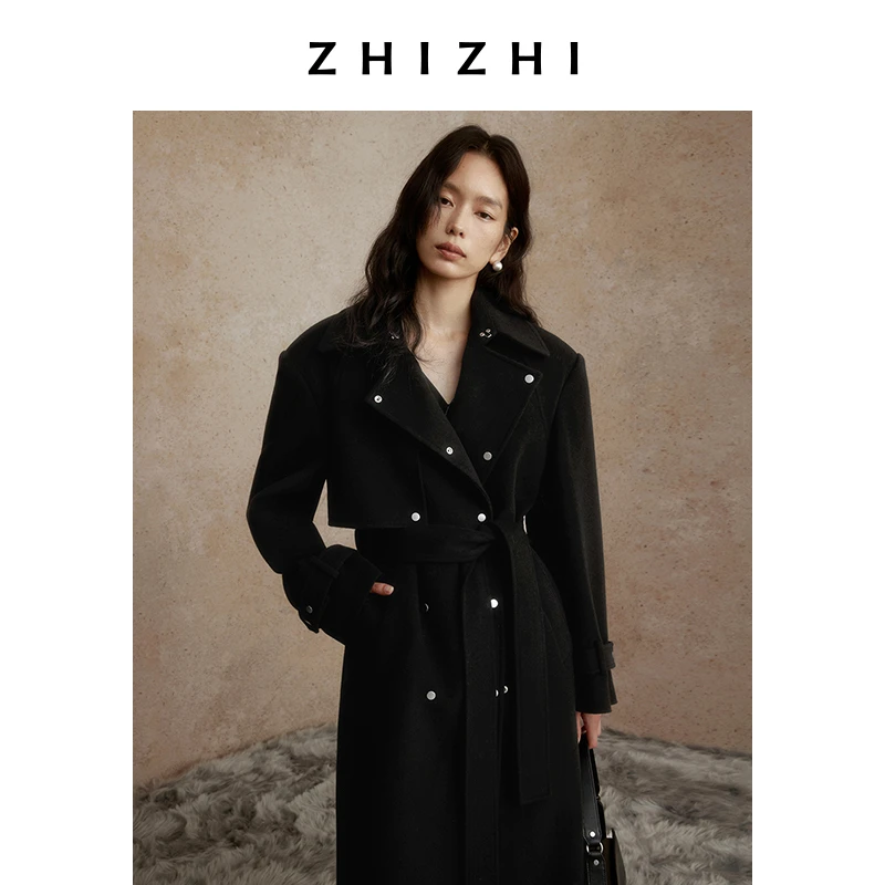 致知 簇水 长款风衣式呢子2024秋季新款宽肩气质通勤ZZ2DAWF0006