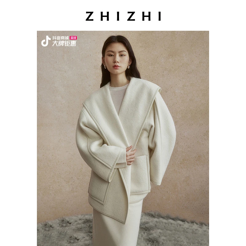 致知 新水令 松弛感短款斗篷大衣女24冬新款保暖毛呢ZZ2DWWW1027