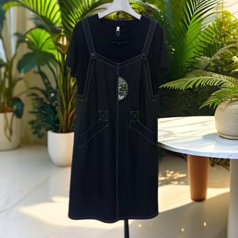 【HQ739】时尚宽松减龄气质收腰显瘦秋夏季黑色连衣裙裙子夏裙060