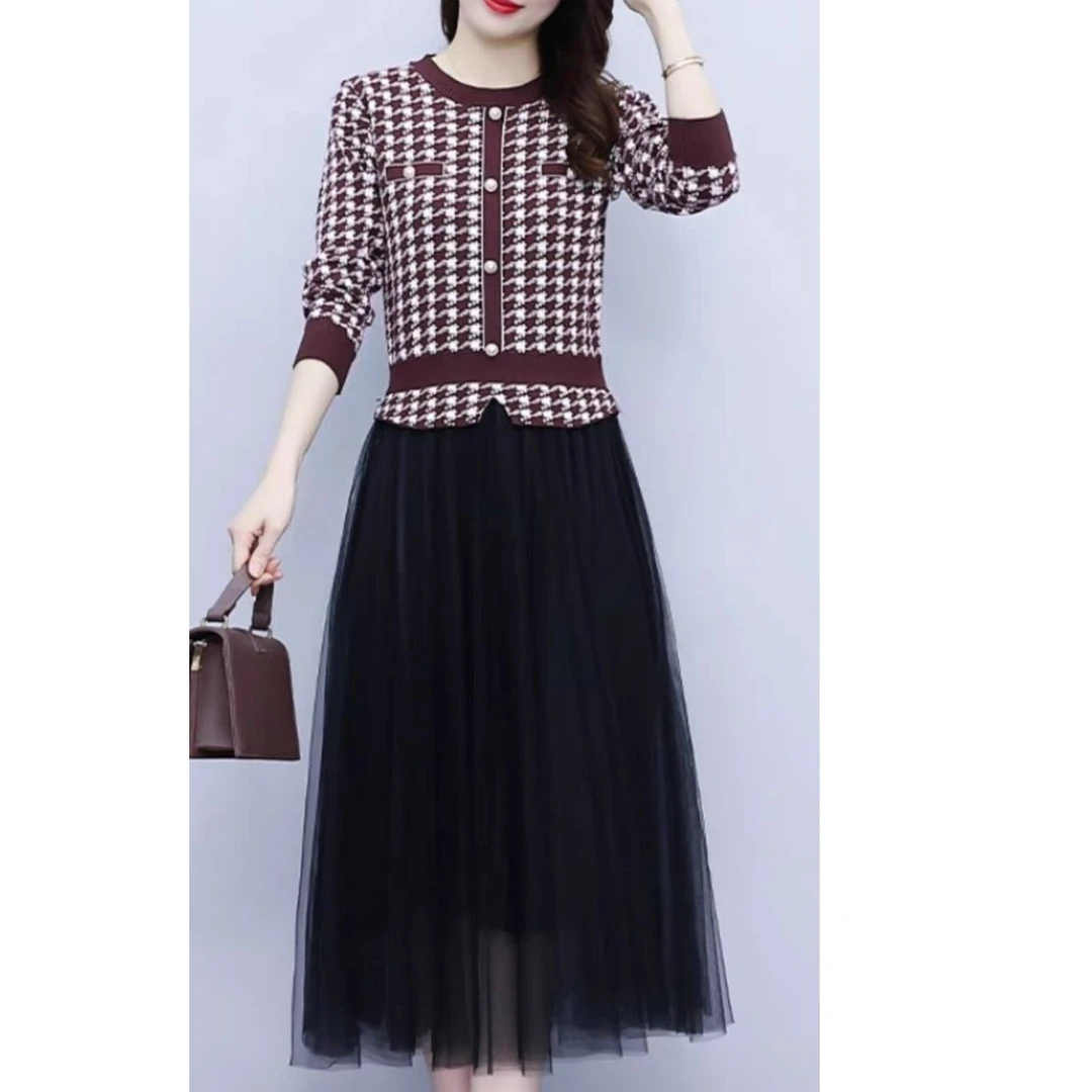 【HQ342】裙气质格子连衣裙女春秋新款中长款网纱拼接假两件连衣