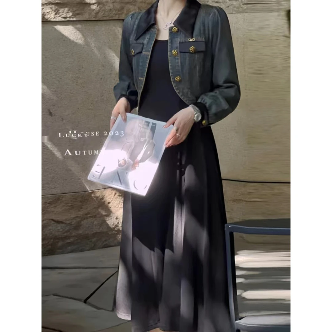 【HT495】洋气新款时尚气质中长款牛仔套装两件套大码显瘦秋套裙