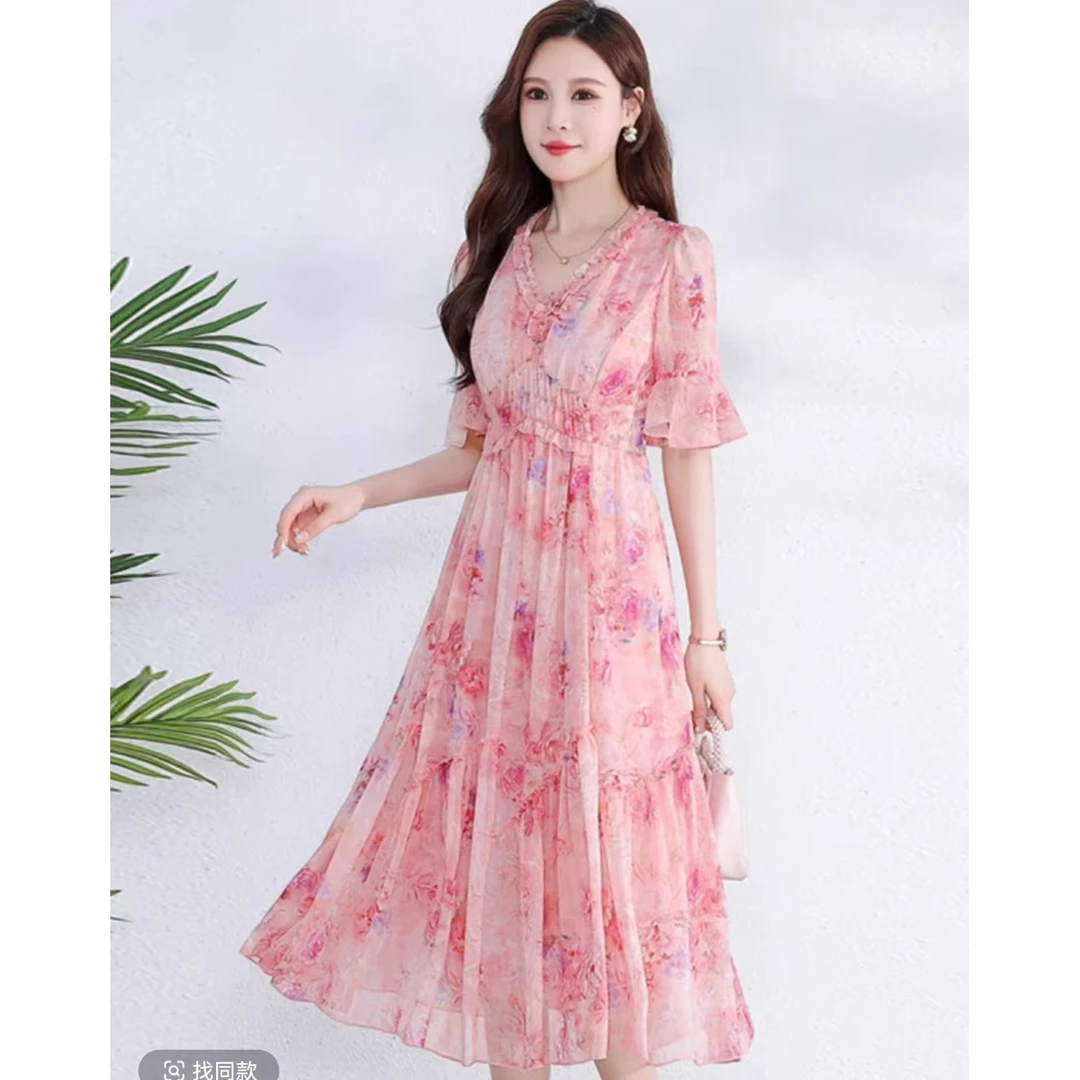 【HQ816】气质连衣裙女夏季新款V领收腰高级感复古国风雪纺碎花裙