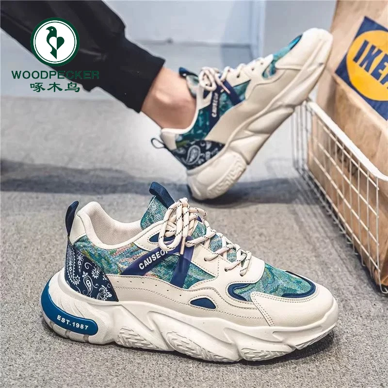 【正品】啄木鸟春秋男鞋新款透气鞋子潮流百搭小白厚底休闲老爹鞋