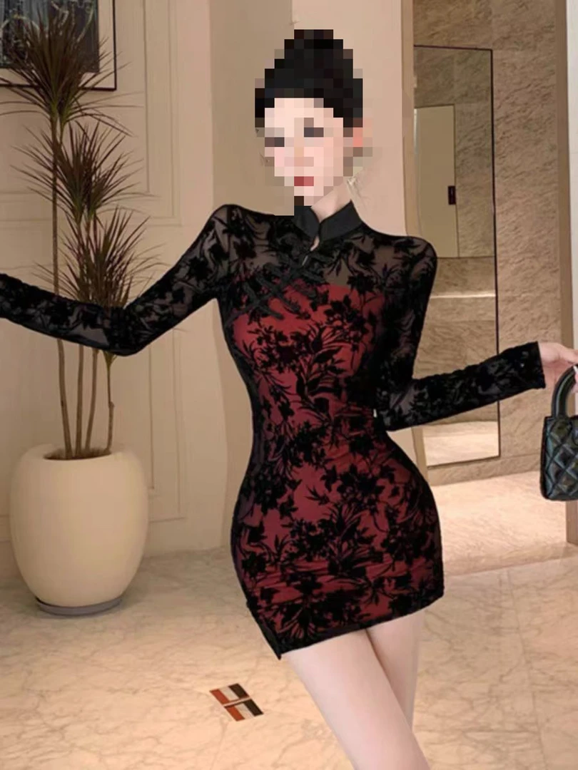 大码新中式复古假两件暗纹印花改良旗袍性感修身显瘦连衣裙3370