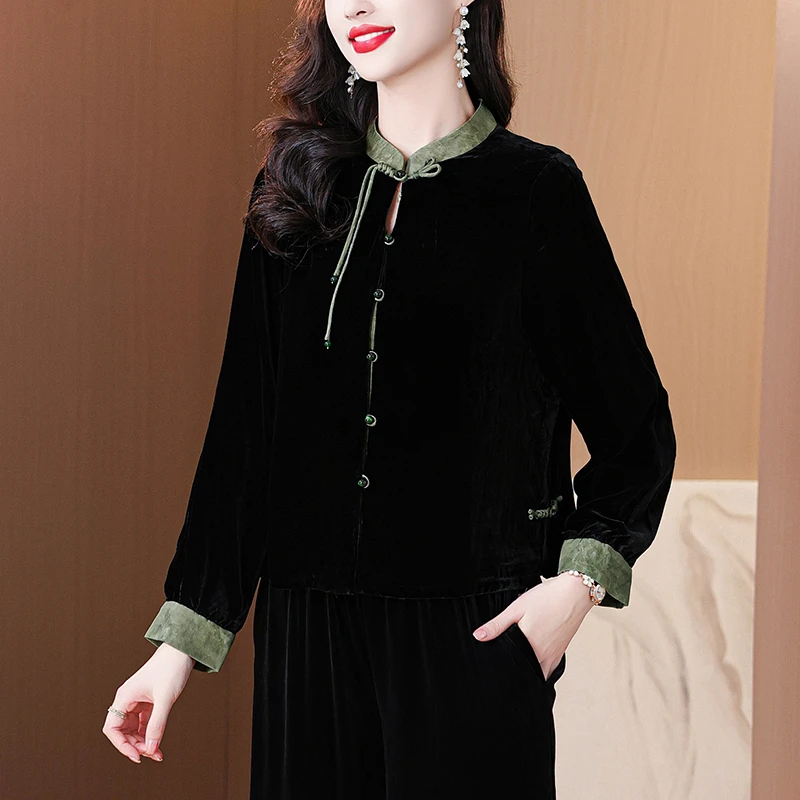 香云纱拼接真丝绒外套女短款春秋桑蚕丝金丝绒高贵洋气真丝丝绒