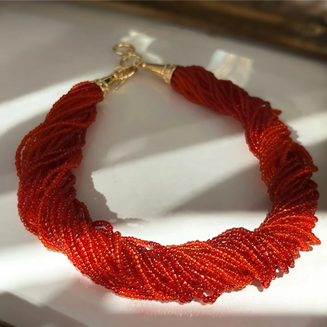 铜合金仿水晶项链  3505西洋中古风vintage复古宫廷红色编织项链