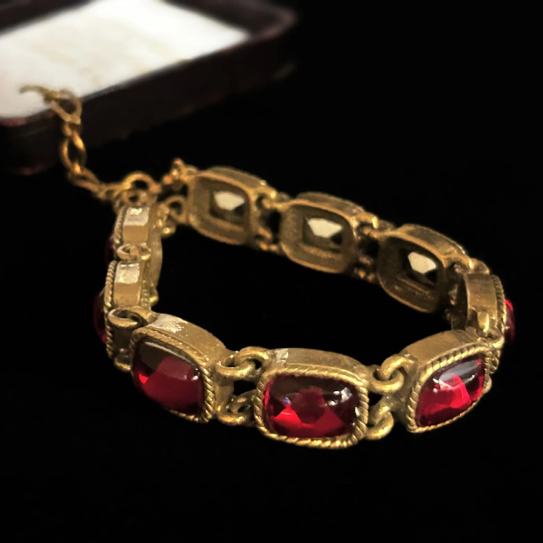 铜合金手链  3952西洋中古风 vintage复古做旧红色方块手链