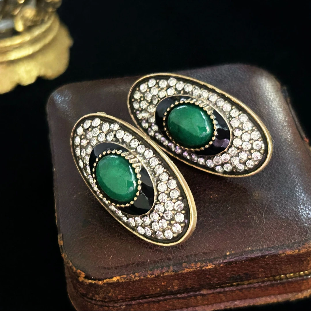 铜合金耳饰 4000西洋中古风 vintage复古绿色做旧椭圆耳钉耳夹