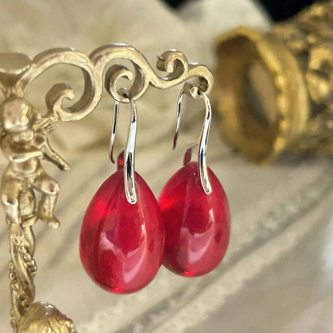 铜合金琉璃耳饰 3925西洋中古风 vintage复古红色水滴琉璃耳钩