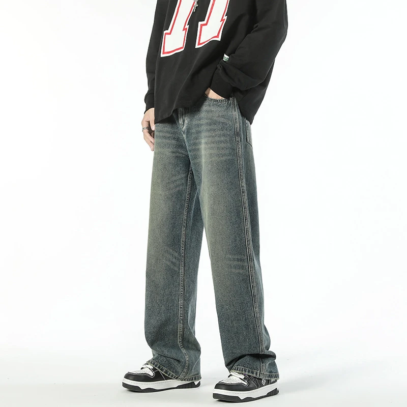 西西博#美式复古做旧微喇牛仔裤男女同款cleanfit宽松拖地裤子