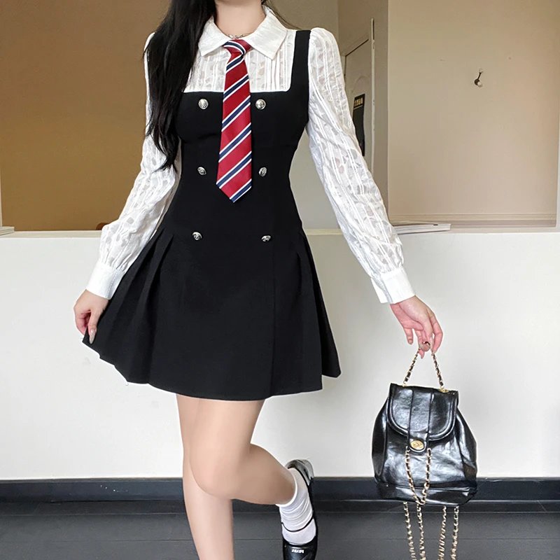 【邻家女孩】2023秋季新款假两件拼接打褶收腰连衣裙学院风减龄洋气