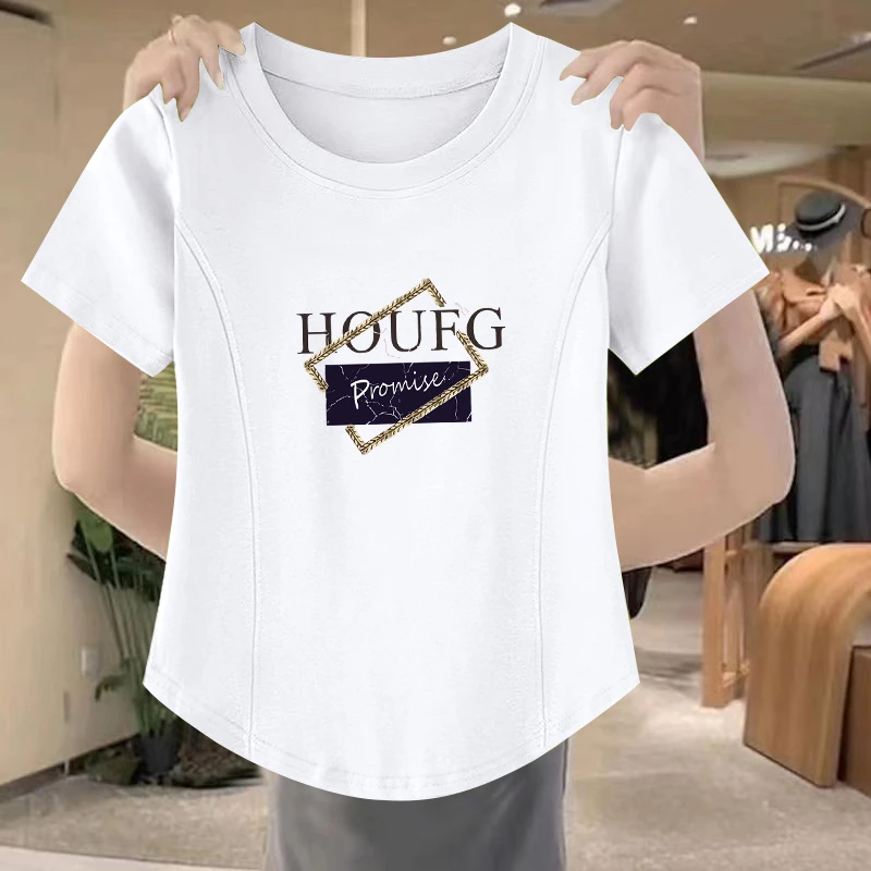 100%纯棉短袖t恤女2024夏季新款小众短袖女显瘦遮肚子减龄洋气