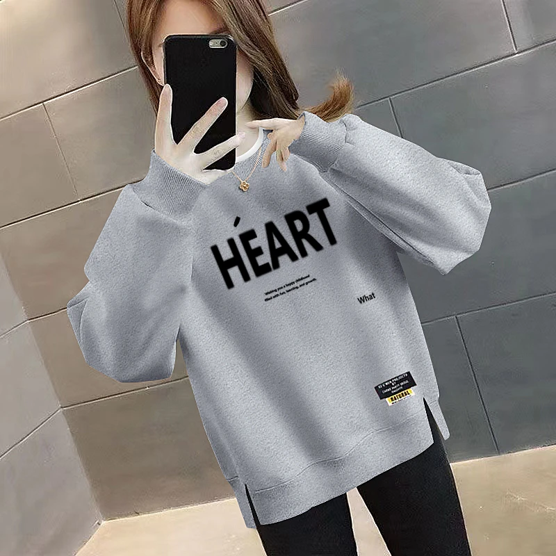 春秋薄款卫衣女韩版宽松印花圆领大码百搭洋气加绒加厚长袖上衣女