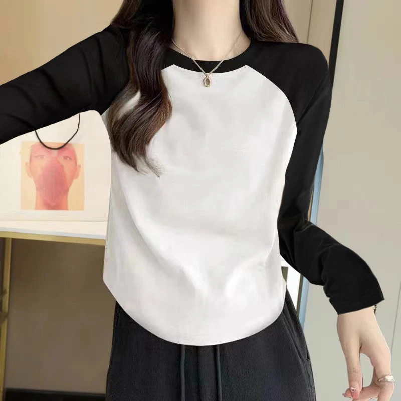纯色插肩袖女t恤春季新款内搭打底衫正肩修身显瘦不规则长袖上衣